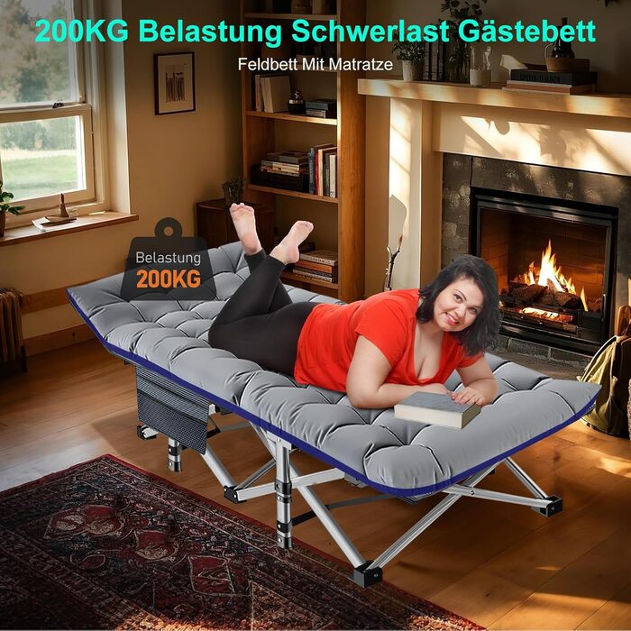 Розкладне туристичне ліжко з матрацом та боковими кишенями, вантажопідйомність 200 кг, розкладне гостьове ліжко, сталевий каркас та тканина Оксфорд, 190 x 71 x 36 см, підходить для саду, офісу, кемпінгу, сірий