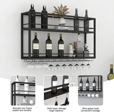 Промислова настінна винна підставка з тримачем для келихів, чорний металевий тримач для пляшок, багатофункціональна винна підставка, 2-ярусна, для домашнього бару, їдальні, кухні (1002065 см)