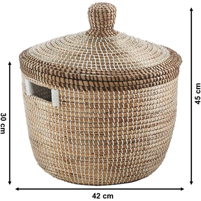 Кошик Kobolo TAIPAN зі зміями та морською травою Ø 42 см, В 45 см Кошик ручної роботи з кришкою бежевого кольору Кошик для білизни Декоративний кошик Виготовлений з натурального матеріалу для білизни, іграшок та журналів