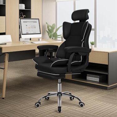 Ергономічне офісне крісло Yokawe з підставкою для ніг, вантажопідйомність 180 кг, комп&39ютерне та ігрове крісло зі штучної шкіри з підголівником та поперековою опорою, чорне