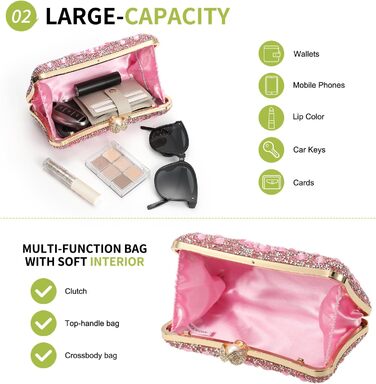 Вечірня сумочка для жінок, блискуче кришталеве клатч з ланцюжком на плече для весілля, вечора та вихідних, рожевий