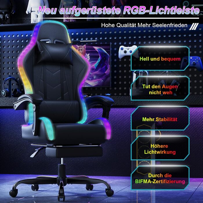 Геймерське крісло Devoko LED ергономічне офісне крісло з функцією масажу та телескопічною підставкою для ніг, регульована спинка (90-135), для геймерів вагою до 150 кг, дизайн, що не турбує очі, насичений чорний колір