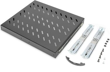 Розсувна полиця DIGITUS - 19 дюймів - 1U - Монтаж спереду та ззаду - Вантажопідйомність 25 кг - Для мережевих шаф та серверних стійок - Глибина шафи від 600 мм - Чорний, глибина 368 мм, чорний