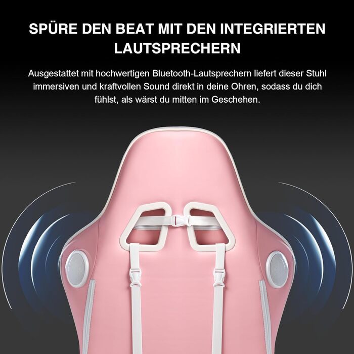Ігрове крісло GTPLAYER з підставкою для ніг, Bluetooth-колонка, ергономічне офісне крісло, комп&39ютерне крісло, стілець для столу, ПК-крісло з регульованою спинкою, вантажопідйомність 150 кг, рожеве, 84 x 65 x 29 см (Г x Ш x В)