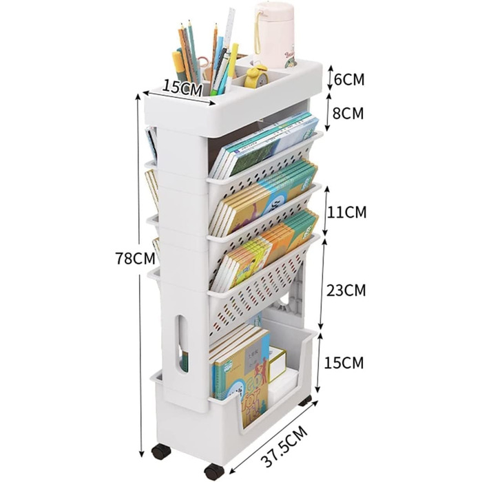 Мобільна книжкова полиця для класу біля столу, 5-ярусний візок на колесах, органайзер для столу, підставка для книг та журналів, вузький візок для зберігання речей у домашній бібліотеці