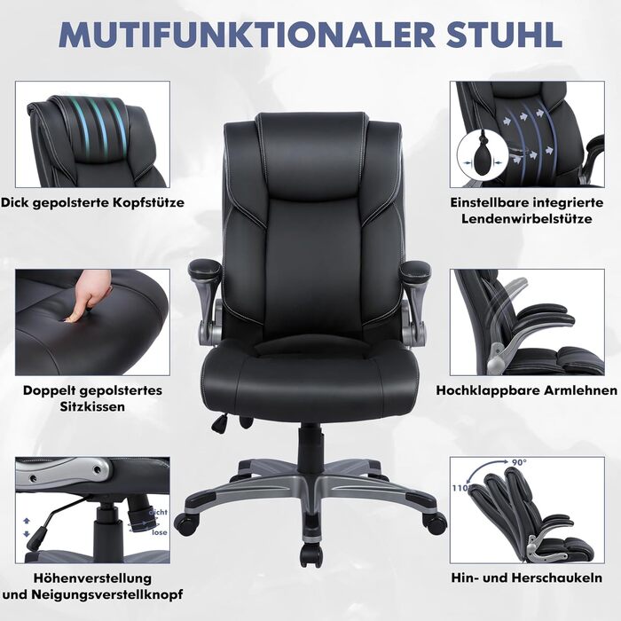 Офісне крісло COLAMY з високою спинкою, ергономічне комп&39ютерне крісло, шкіряне крісло з м&39якими складними підлокітниками, регульований фіксатор нахилу, обертове крісло для дорослих, чорний сучасний