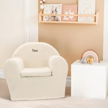 Дитяче крісло &quotВаш сюрприз&quot з іменем - Персоналізоване дитяче крісло з іменем або текстом, виготовлене з бавовни для хлопчиків та дівчаток віком від 1 до 4 років (Білий - Тедді)