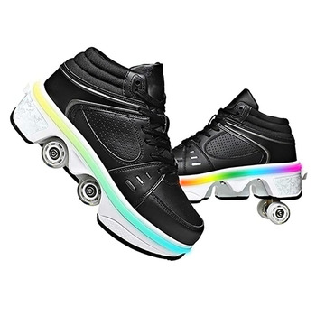 Роликові ковзани для хлопчиків та дівчаток, скейтборд взуття зі світлодіодними миготливими вогнями, 4-колесне автоматичне висувне, зручне спортивне взуття для дітей та дорослих, чорне, розмір 35 EU