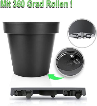 Квітковий горщик BigDean 2 шт. XXL ø60 см, класичний антрацит - з колесами, що обертаються на 360 градусів, дренажний отвір, що герметично закривається - всепогодний пластик - великий горщик, підходить для використання в приміщенні та на вулиці