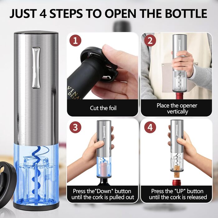 Електричний набір відкривачок для винних пляшок BGFOX акумуляторна з нержавіючої сталі, автоматичний електричний штопор 4 в 1, автоматичний електричний аератор для вина, різак для фольги та вакуумна пробка, подарунки для любителів вина