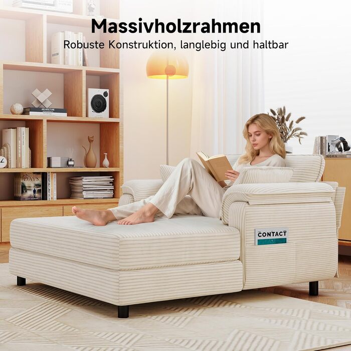 Диван-ліжко Winlice 140x150 см завширшки, двомісний вельветовий шезлонг-ліжко для гостей з 4 кишенями для зберігання речей та 2 подушками, що прається та нековзне, каркас з дерева та заліза, бежевий Диван-ліжко з вельвету Диван-ліжко з вельвету бежевого к