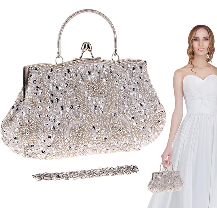 Клатч Перлинний Вечір - Розкішна жіноча сумочка з перлів та ланцюжка для вечірок та урочистих подій. Срібляста перлинна сумочка для нареченої.