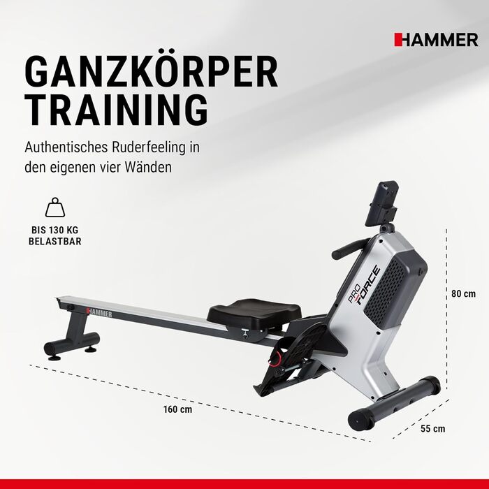 Гребний тренажер HAMMER Pro Force - компактний, легкий та високоефективний кардіотренажер з 20 програмами тренувань та тримачем для планшета, вага користувача до 120 кг
