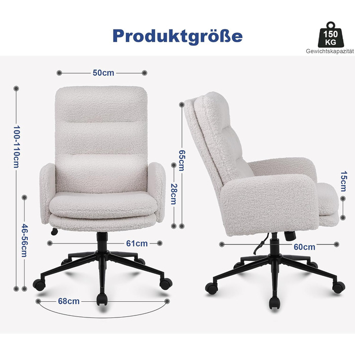 Кашемірове офісне крісло Youhauchair, ергономічне офісне крісло з високою спинкою, зручне крісло для туалетного столика, обертове офісне крісло з регульованою висотою, кремова кашемірова висока спинка