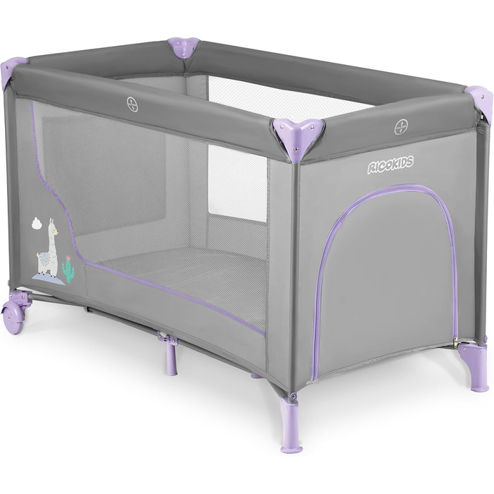 Дитяче ліжечко Ricokids з матрацом 125 x 65 x 78 см, дорожнє ліжечко, вагою до 15 кг, 2 колеса з гальмами, знімний бічний вхід, сумка для перенесення, складна, компактна, світло-сіра, лавандова