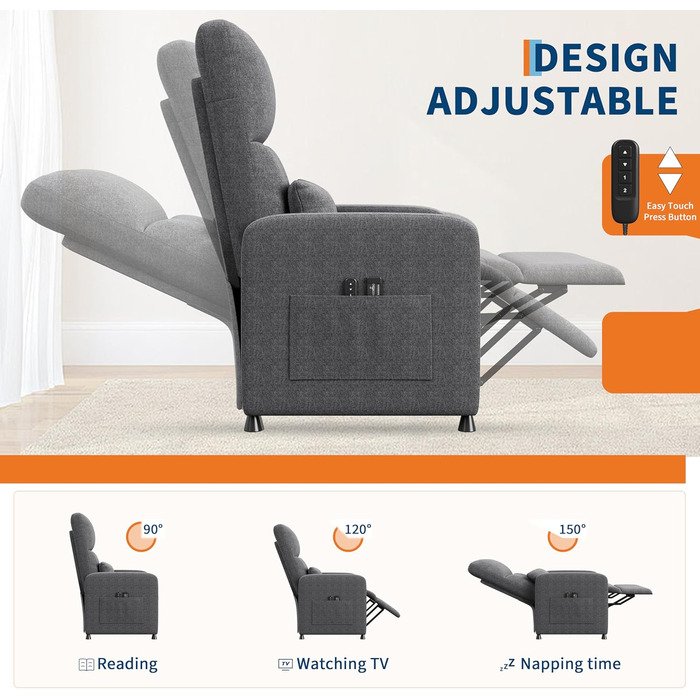 Крісло-реклайнер Acekool, масажне крісло, крісло для телевізора з електричним регулюванням та функцією відкидання, функція масажу та підігріву, крісло для читання, крісло для телевізора, крісло для вітальні, сіре електричне крісло-реклайнер