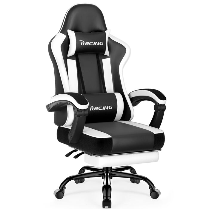 Ігрове крісло, ергономічне ігрове крісло з регульованими подушками для поперекової та підголівникової опори, ігрове крісло з підставкою для ніг, ігрове крісло вантажопідйомністю до 150 кг, біле з колесами з поліуретану