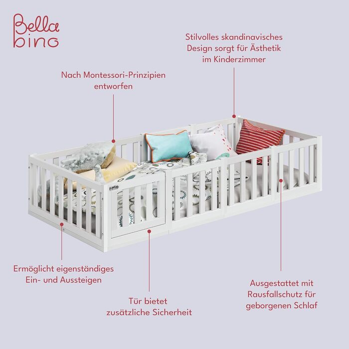 Ліжко Bellabino Tapi 90x200 см, дитяче ліжко з поручнями та дверцятами, включаючи рейкову основу, підлогове ліжко Монтессорі для хлопчиків та дівчаток з масиву сосни, біле лаковане, Ліжко 90 x 200 см Біле - з дверцятами