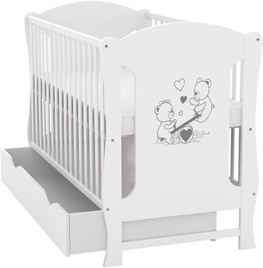 Дитяче ліжко Generic Baby Deluxe 60x120, що трансформується в дитяче ліжко білого кольору з шухлядою та матрацом з алое вера з регульованою висотою та знімними прутами (Lia White)