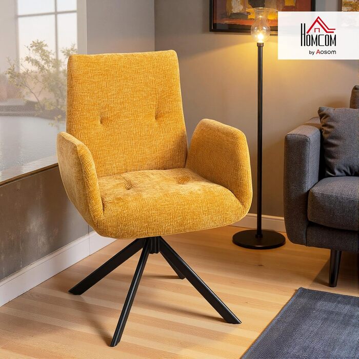 Обертове крісло HOMCOM, крісло для відпочинку з підлокітниками, імітація вовни та льону, сучасне м&39яке крісло з ґудзиками, сталеві ніжки, для вітальні, спальні, жовтий