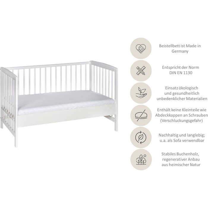 Дитяче ліжечко Міккі - біле - 60x120 см - виготовлене з масиву бука - плавне регулювання висоти - вкл. бортики для переобладнання та ремінь безпеки White Old