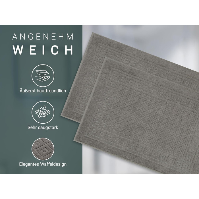 Комплект килимків для ванної ZOLLNER з 2 предметів, 50x70 см - м&39який та вбираючий вафельний візерунок сірого кольору - можна прати до 60C - бавовна - готельна якість - сертифікований Oeko-Tex, антрацит, 2 килимки для ванної