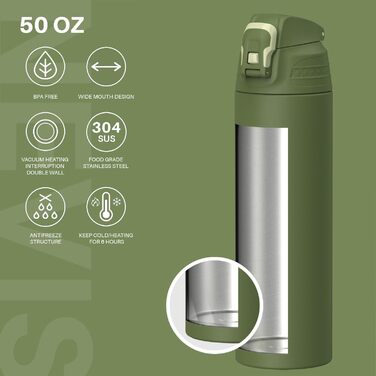 Пляшка для води SANTECO із запобіжником протікання, термопляшка з нержавіючої сталі 1,5 л без BPA, ізольована пляшка з футляром для перенесення, пляшка для води, яку можна мити в посудомийній машині, для подорожей та кемпінгу, мохово-зелена 1500 мл