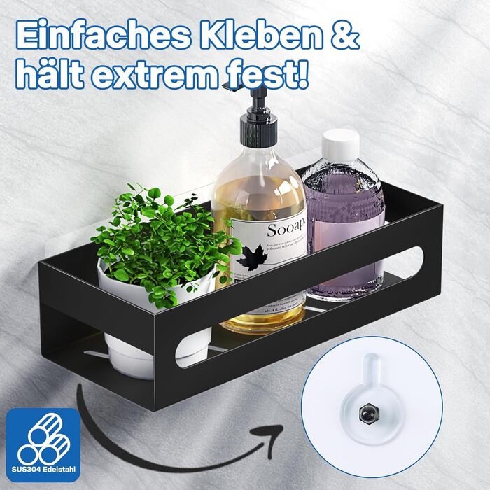 Полиця для душу без свердління, чорна самоклеюча полиця для ванної кімнати, полиця для шампуню та гелю для душу з нержавіючої сталі