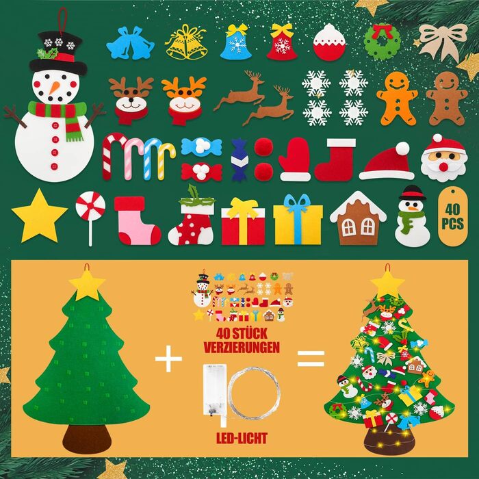 Фетровий різдвяний ялинка Lanpn зі сніговиком з фетру, дитячий різдвяний набір для рукоділля своїми руками 102 см, різдвяна ялинка з 40 знімними прикрасами, підвісний декор для дому, дверей, стіни, стиль 02