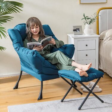 Крісло COSTWAY з підставкою для ніг, відкидне крісло з підлокітниками, бічною кишенею та підставкою для ніг, крісло для відпочинку, крісло для телевізора, крісло з відкидною спинкою для вітальні, спальні, офісу (синє) синє з підставкою для ніг