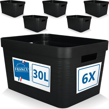 Набір із 6 ящиків для зберігання Stimo об&39ємом 30 л, пластикові кошики для зберігання з ручками, для полиць у ванній кімнаті, органайзери (чорний, набір із 6 предметів 30 л) Чорний набір із 6 предметів 30 л