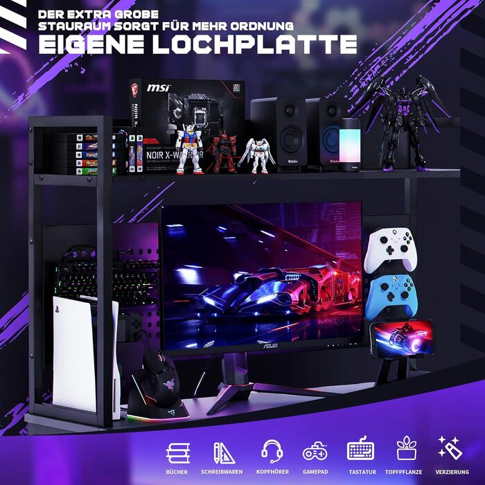 Г-подібний стіл Yansee, ігровий стіл з полицею, світлодіодне освітлення, порт зарядки USB, порт Type-C та розетка, кутовий стіл для домашнього офісу 120 x 50 x 75,5 см, чорний