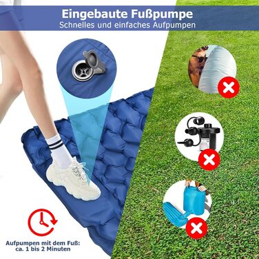 Килимок для сну, надувний матрац висотою 10 см для кемпінгу, невеликий розмір упаковки, надлегкий надувний килимок для сну з ножним насосом, водонепроникний килимок для сну для активного відпочинку, походів, пляжу, синій