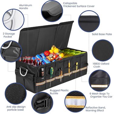 Органайзер для багажника XXL, складаний 90 см, велика автомобільна сумка для зберігання речей з посиленими алюмінієвими ручками, нековзним дном та численними кишенями ідеально підходить для автомобілів, позашляховиків та пікапів