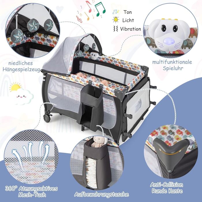 Дитяче ліжечко FANTASK 4-в-1 зі складним матрацом, пеленальний столик та балдахін, дорожнє ліжечко на колесах, сумка для перенесення, портативне тумбочки з ігровою аркою та музичний мобіль для малюків до 36 місяців