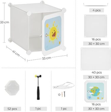 Шафа для зберігання речей своїми руками, для підвішування одягу, для дітей, з 16 кубиками, 4 шт. ангами для підвішування, 123 x 41 x 123 см, білий LPC905W01