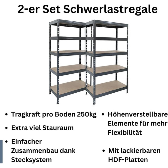 Посилений стелаж Rivet, комплект з 2 шт., з HDF-плитами, 180x90x45 см (ВxШxГ), 5 полиць, вантажопідйомність 250 кг на полицю, антрацитово-сірий. Безригельний стелаж, металевий стелаж, стелаж для підвалу, стелаж для зберігання, стелаж для майстерні, стелаж