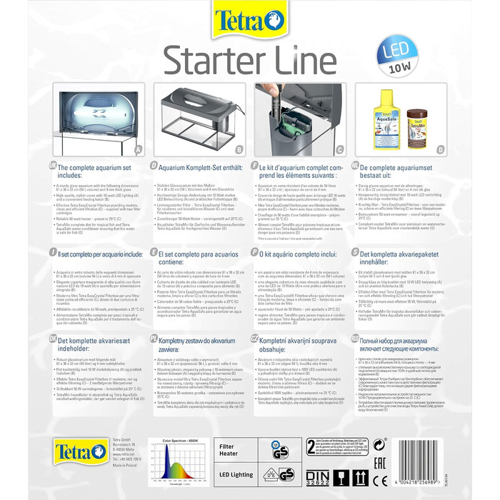 Комплектація акваріума Tetra Starter Line 54 л - в т.ч. денне і нічне світло, LED підсвічування, внутрішній фільтр, обігрівач, кондиціонер для корму для риб і води (з денним світлом, 54 літри)