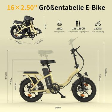 Складаний електровелосипед ESKUTE D100 16 x 2,5 дюйма, електричний велосипед для чоловіків та жінок, фетбайк зі знімним акумулятором 36 В 13 Аг, великий запас ходу до 100 км, складний педальний велосипед для дорослих, світло-жовтий, стандартний