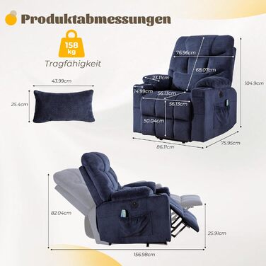 Електричне підйомне крісло, крісло-реклайнер з вібраційним масажем та функцією підігріву, зручне для людей похилого віку крісло для телевізора з безступінчастим регулюванням, пульт дистанційного керування, порт USB та Type-C, 3 положення (синє)