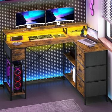 Г-подібний письмовий стіл DWVO, 140x100x85 см, двосторонній кутовий стіл з 4 шухлядами та полицею для монітора, Г-подібний стіл з 2 USB-портами для зарядки та 2 розетками для домашнього офісу, коричневий, чорний, білий (коричневий)