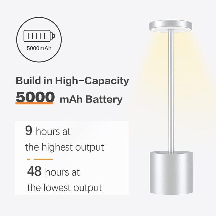 Світлодіодна настільна лампа Bravzurg бездротова, 5000 мАг Акумуляторна настільна лампа з можливістю затемнення, алюміній, 3 колірна температура, акумуляторні сенсорні настільні лампи для зовнішнього внутрішнього приліжкового столу Обідній стіл Патіо-бар 