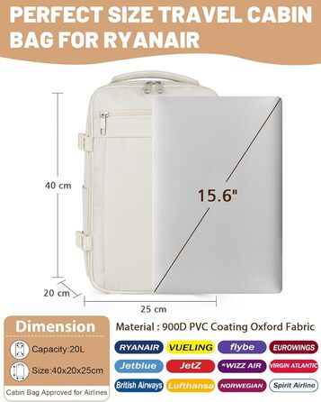 Рюкзак для ручної поклажі Ryanair 40x20x25, поклажа під сидінням, максимальний розмір поклажі для подорожей у салоні, сумка для перельоту, сумка для багажу на вихідні з плечовим ременем, сумка-дама, спортивна сумка - 20 л, колір слонової кістки 40x20x25 с