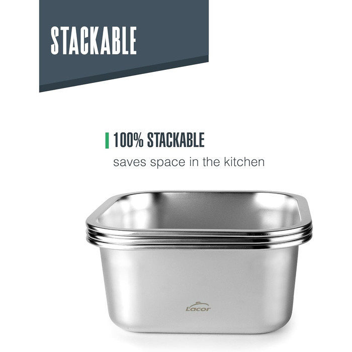 Контейнер для харчових продуктів квадратний, нержавіюча сталь 18/10, 650 мл. Підходить для мікрохвильової печі, духовки, морозильної камери та посудомийної машини, герметичний, з 4 затискачами, не містить BPA., 64613 Ecoinox