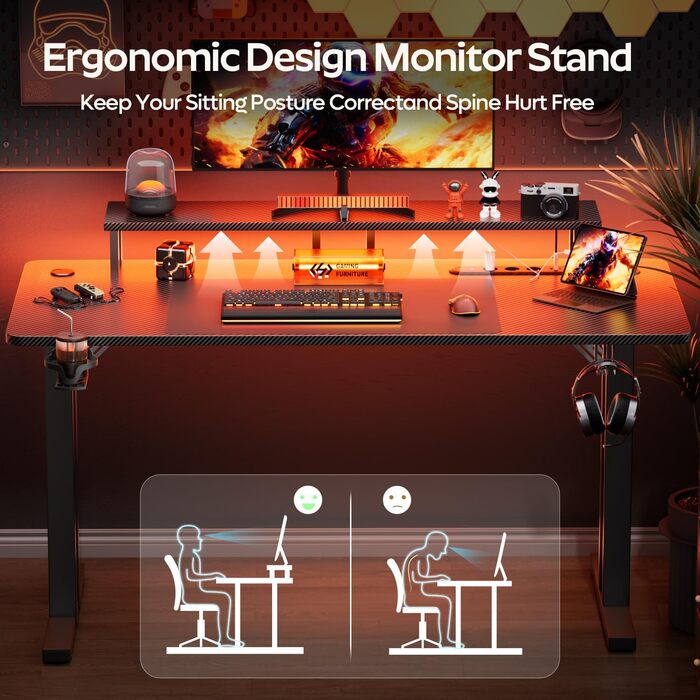 Ігровий стіл зі світлодіодним освітленням, комп&39ютерний стіл 120 x 60 см з розетками та USB-портом для зарядки, ігровий стіл з підставкою для монітора, карбоновим покриттям, підсклянником та гачком для навушників, чорний 120 x 60 см