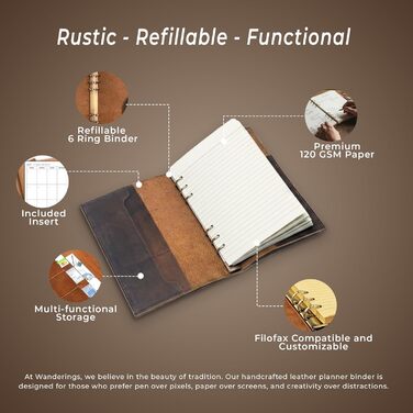 Планер Wanderings зі шкіри A5 сільський багаторазовий щоденник на 6 кілець органайзер ручної роботи зі справжньої шкіри сумісний з Filofax. 100 аркушів, 200 сторінок у лінійку 6&39 x 8,5&39 / 22 x 15 см
