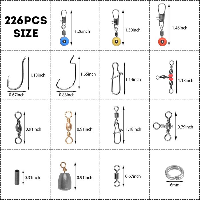 Поворотна риболовля Набір аксесуарів для риболовлі Рибальські набори Поворотні обважнювачі Застібки Волосінь Намистини Розділене кільце Риболовля зі снастями Коробка для рибальських снастей, 226 шт.