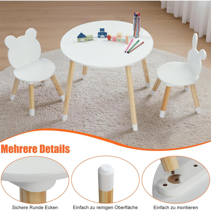 Дитячий стіл LALAHO з 2 стільцями, комплект дитячих сидінь, дитячий стіл/художній стіл, ігровий стіл, з сосновими ніжками, дитячі меблі для дитячих кімнат та дитячих садків (білий)