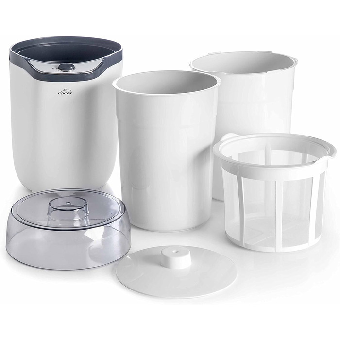 Йогуртниця Lacor 69246, пластикова кришка, включаючи два контейнери 1,6 л і 1,8 л, чашки, які можна мити в посудомийній машині, 8-14 годин Підготовка 20 Вт, поліпропілен, 1,8 літра, поліпропілен, білий