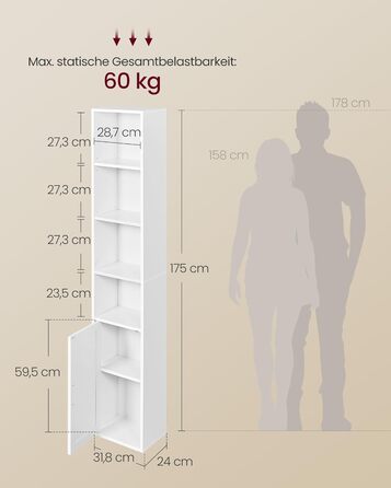 Колекція Custos - Книжкова полиця, висока 6-ярусна, окремостояча полиця з дверцятами, відкрита полиця для зберігання, 24 x 31,8 x 175 см, для вітальні, домашнього офісу, їдальні, хмарно-білий LBC401W01 31,8B см хмарно-білий